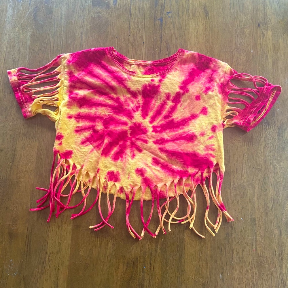 Red &Yellow Tie Dye Fringe T-Shirt, Youth Small